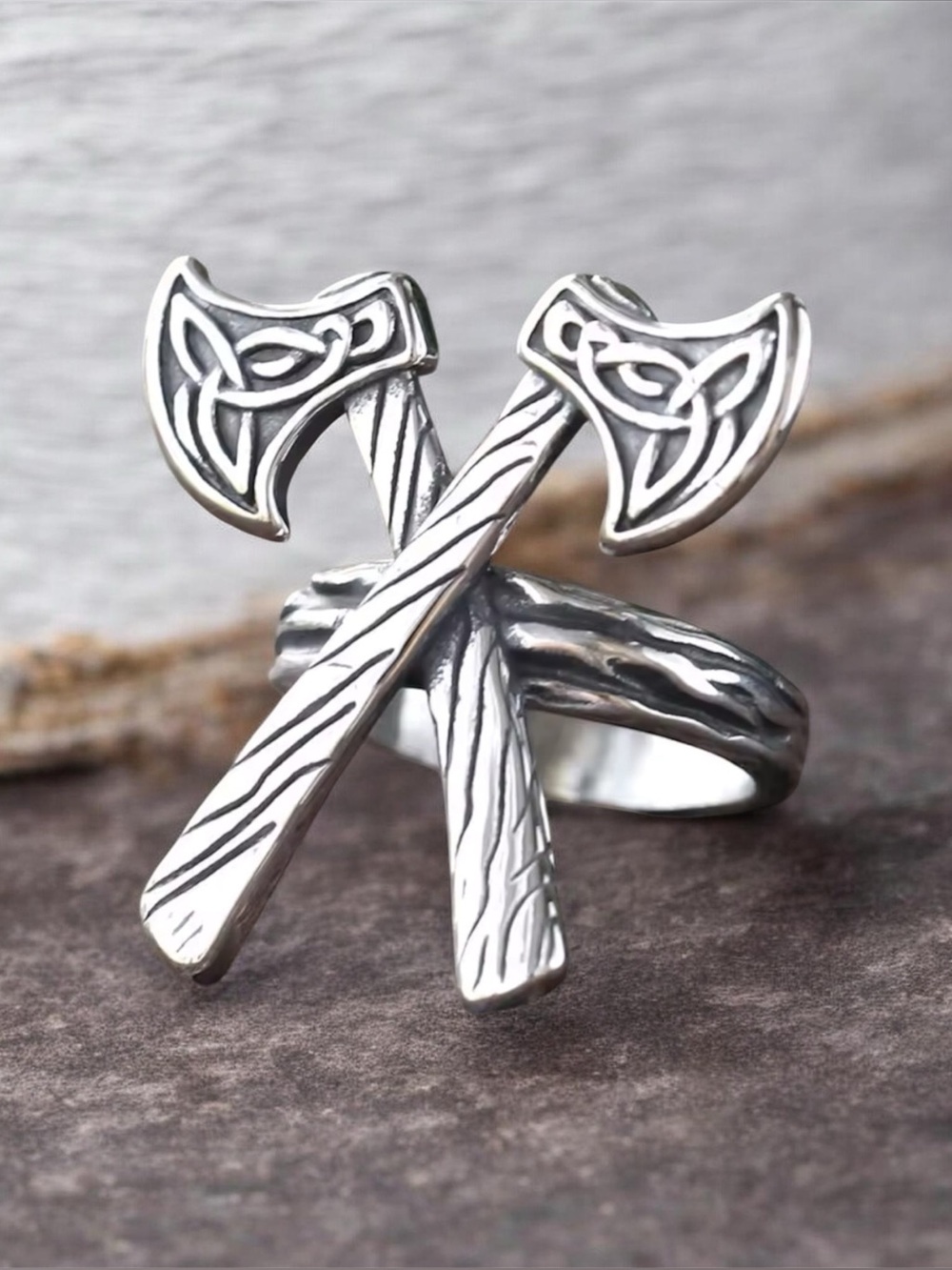Stainless steel Viking double axe ring size 11